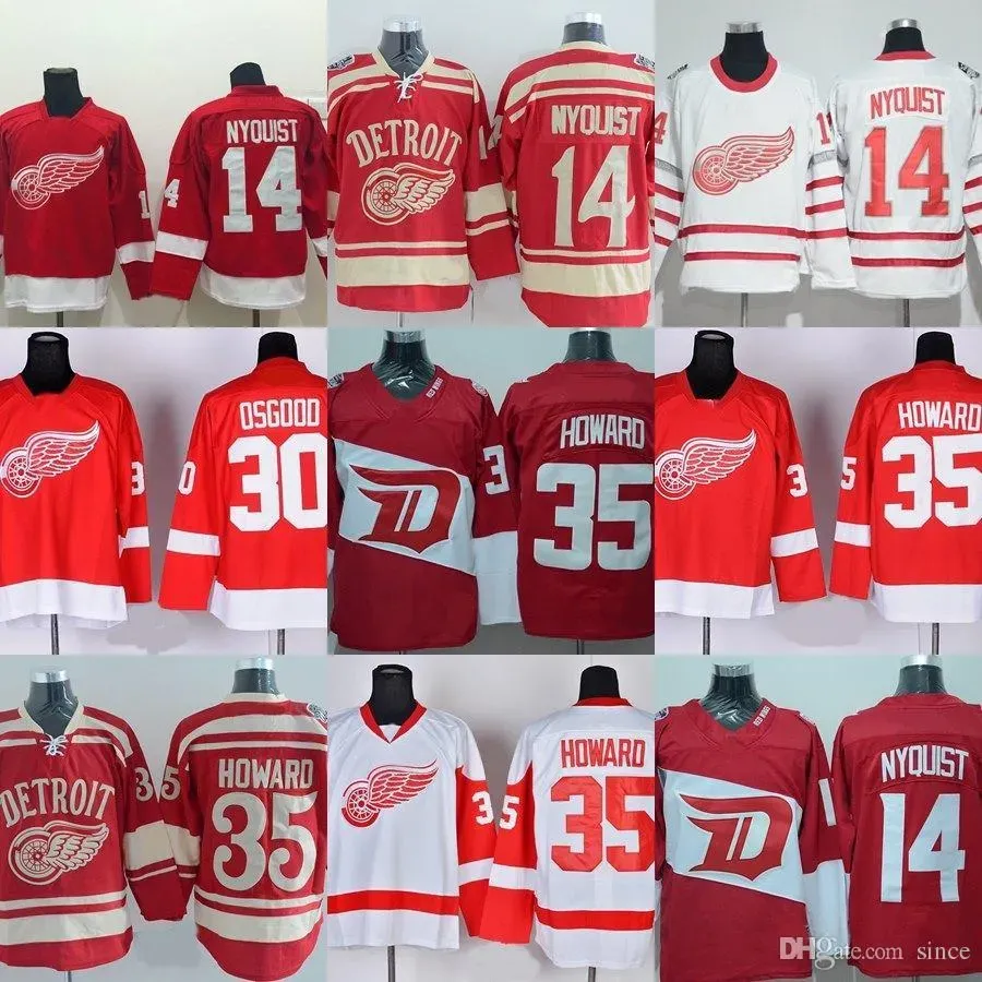 Outlet Factory Hommes Detroit Red Wings # 14 Gustav Nyquist # 30 Osgood # 35 Jimmy Howard Rouge Blanc Meilleure qualité Maillots de hockey sur glace Shippin gratuit hippin