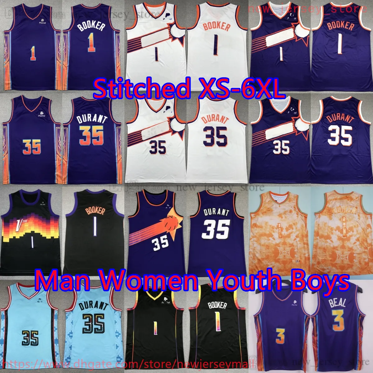 Personalizado S-6XL Basquete 35 Kevin Durant Jersey 2023-24 New City 1 Devin Booker Jerseys Costurado 3 Bradley Beal Branco Roxo Retro Shorts Respirável Camisas Esportivas