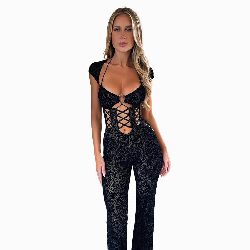 2024 Designer Sexig ihålig jumpsuits Women Bodycon Lace Rompers Bandage Deep V Neck Sheer See Through Leggings Night Club Wear Wholesale Clothes 10509