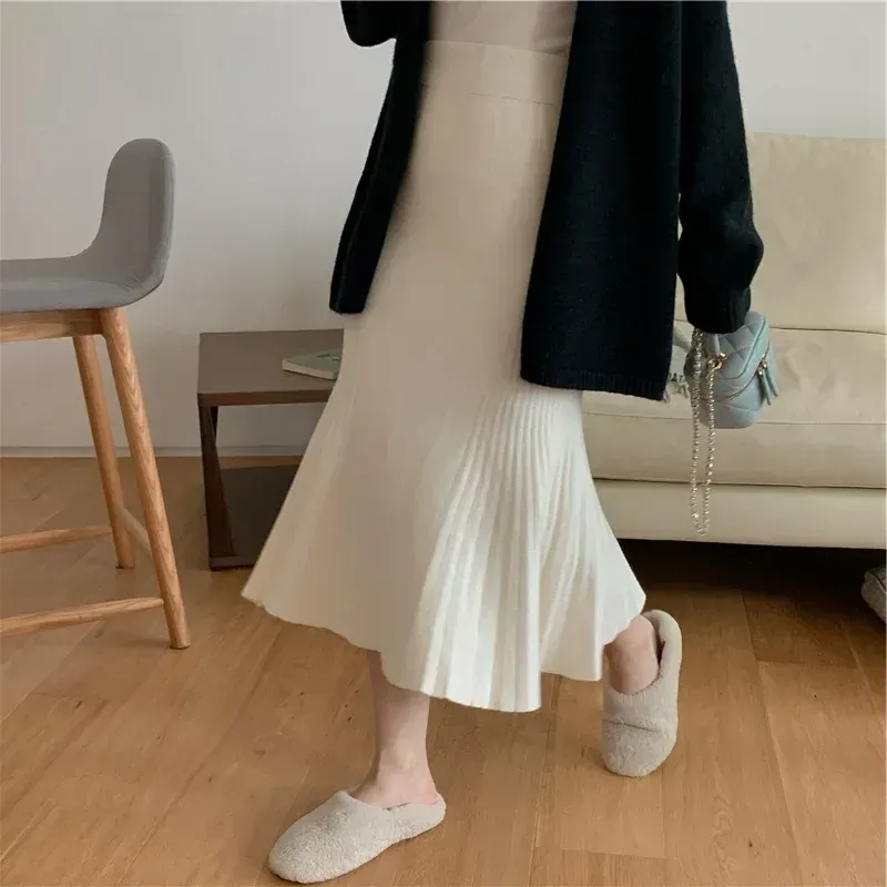 Hoge Taille Slanke Koreaanse Stijl Lange Gebreide Fishtail Rok Vrouwen 2023 Hoogwaardige Elegante Herfst Winter Nieuwe Rok