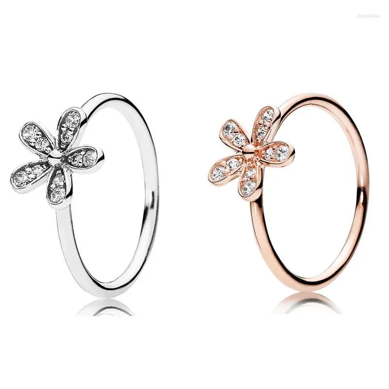 Bagues de cluster Authentique 925 Sterling Silver Sparkling Rose Dazzling Daisy Flower avec bague en cristal pour les femmes de mariage bijoux de mode