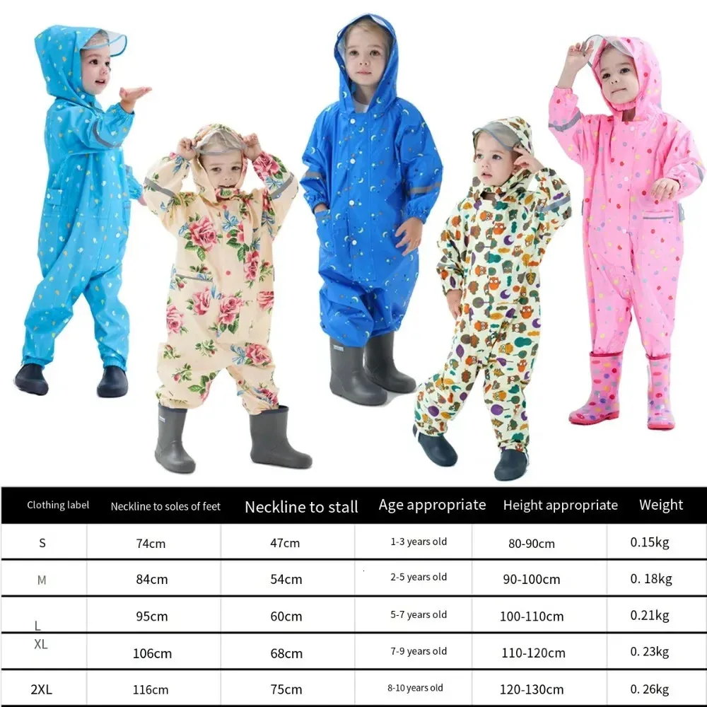 Yansıtıcı şerit baskı karikatür tasarımı ile chilren 3d yağmurluk çocukları bebek için kapüşonlu yağmur giysileri 1-10 y yağmur pantolon bebek yağmurları 240108