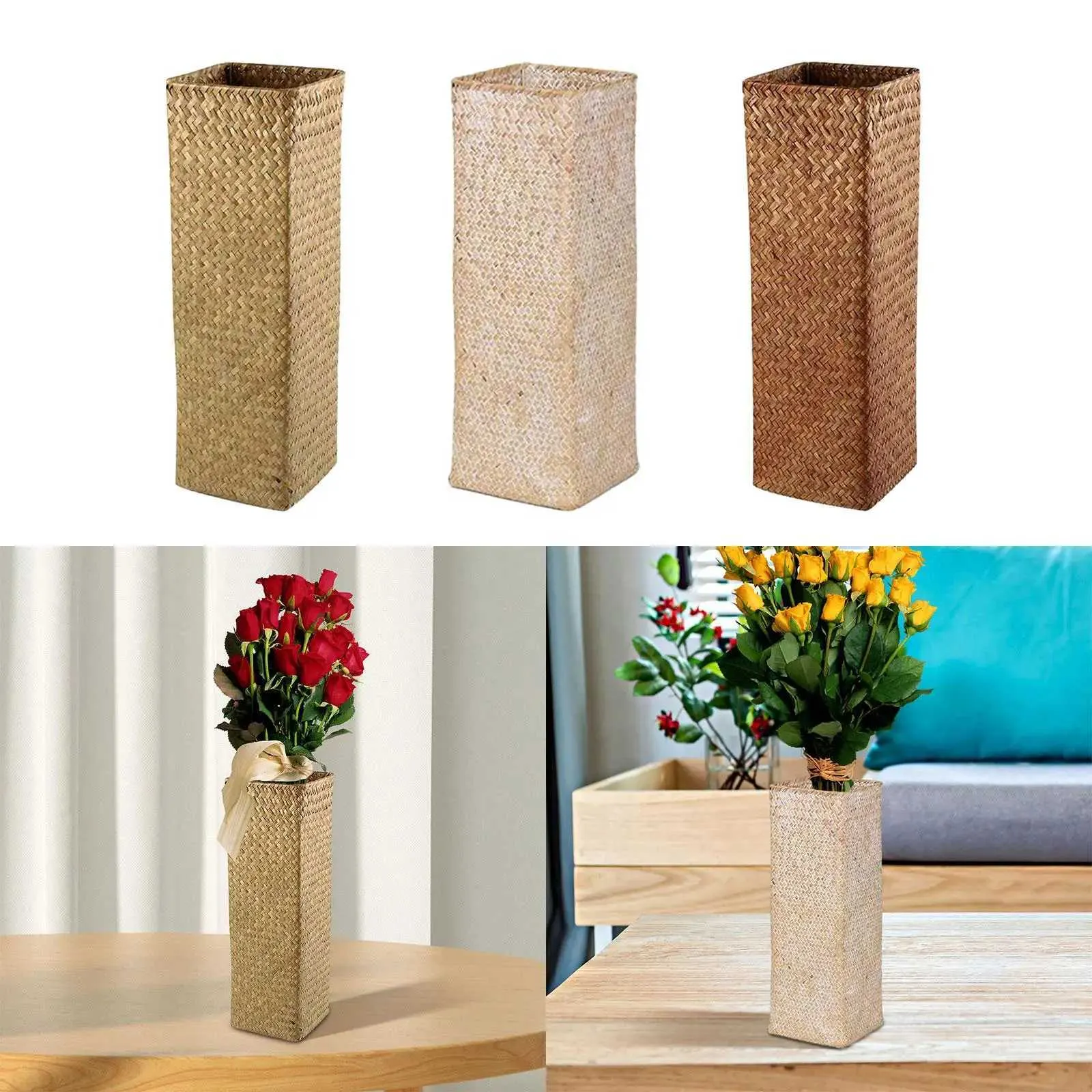 Rattan Flower Basket Vase Boho Flowerpot Decorative Plant Basket Handwoven for Drawing Room Restaurant Desk Home Decoration