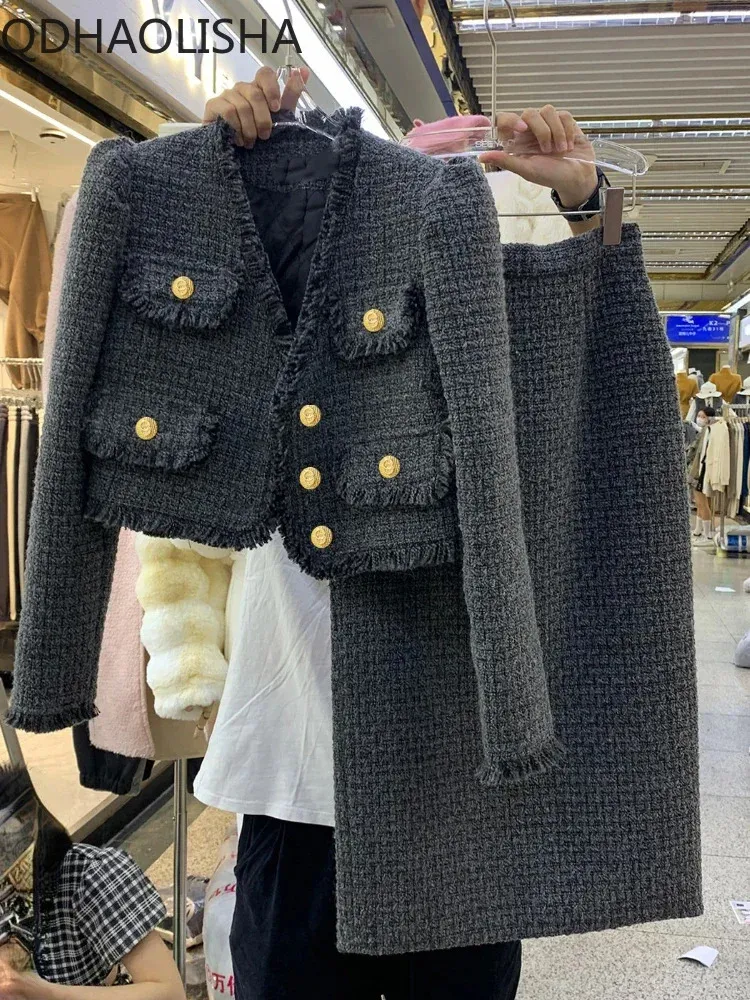 Ensembles pour femmes 2 pièces automne hiver épais tempérament élégant laine gland manteau demi-jupe doux ensemble 2 pièces tenue 240109