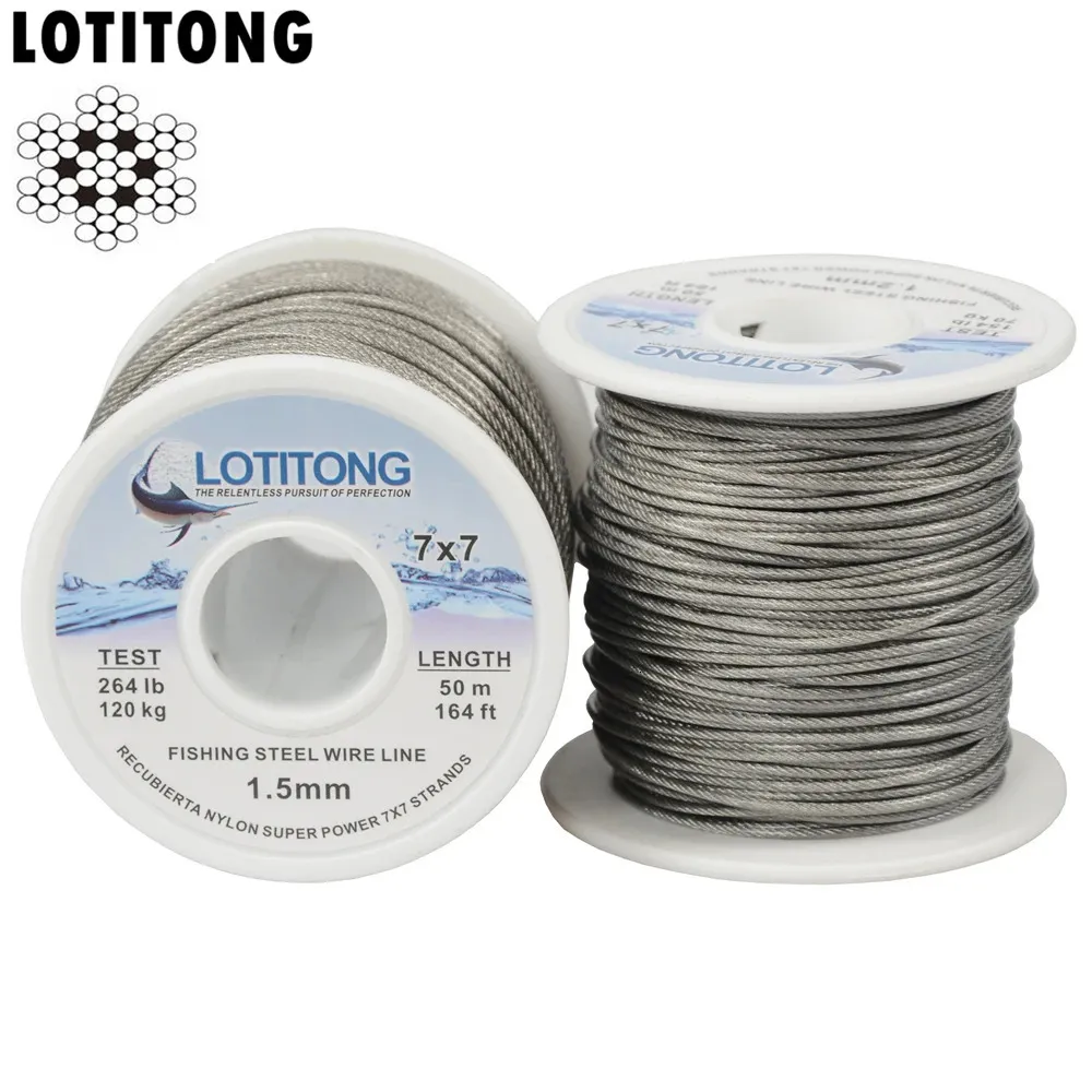 Lotitong 70LB-368LB釣り鋼ワイヤー釣り線7x7 49ストランドスーパーソフトワイヤーラインカバープラスチック防水リーダーライン240108