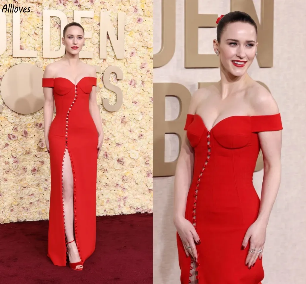 Rachel Brosnahan 2024 Golden Globe Awards Red Carpet Celebrity Dresses Sexy Off The Shoulder Buttons Sheath Formal Evening Gowns Side Split Long Prom Dress CL3191