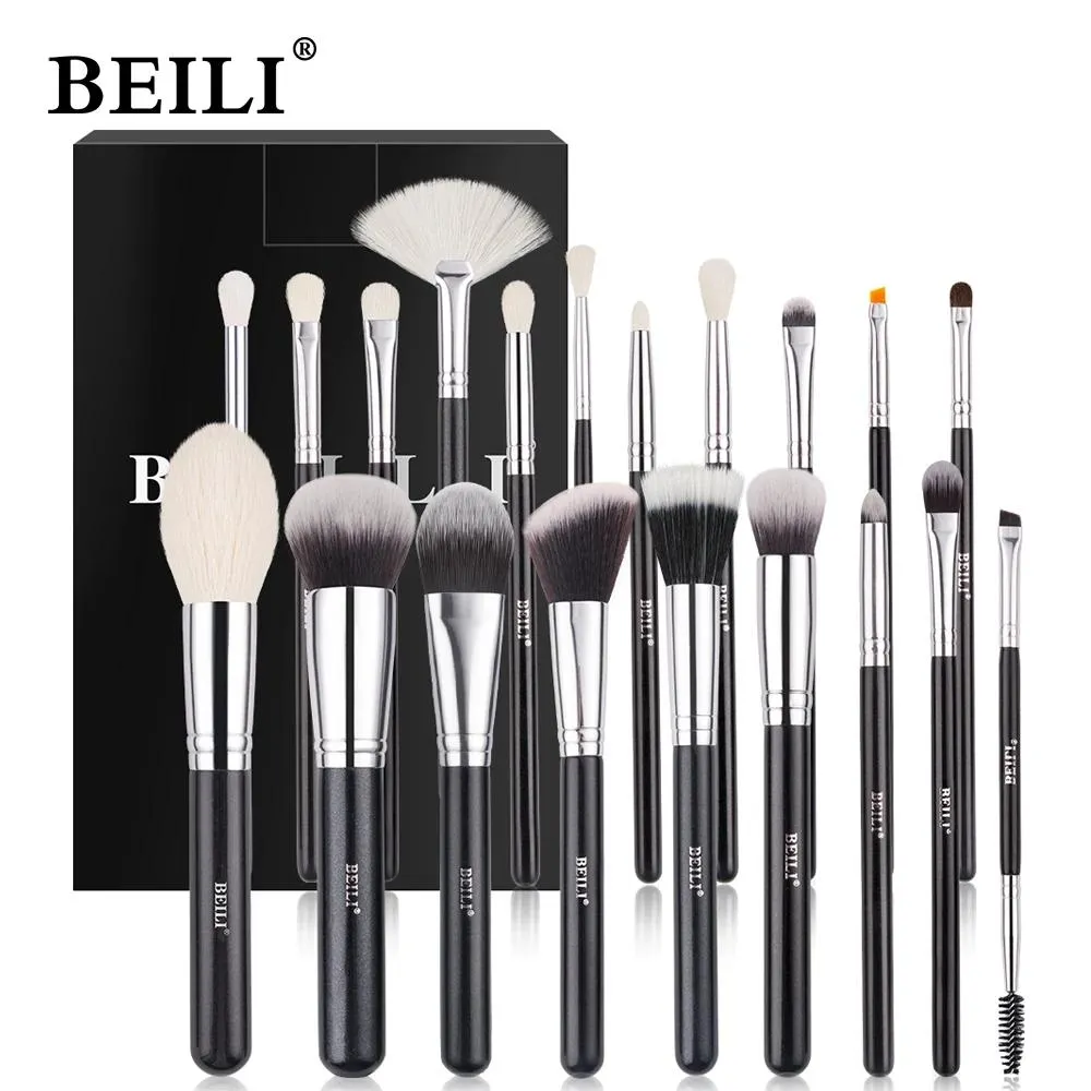 Brushes Beili Black Makeup Brushes Set Professional Natural Goat Hair Brushes Foundation Powder Contour Eyeshadow Make Up Brushes