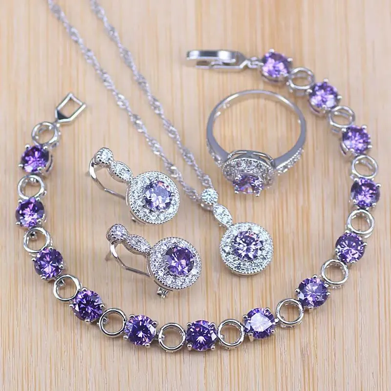 Sieraden Sier Kleur Sieraden Paars Zirkoon Wit Kristal Sieraden Sets voor Vrouwen Oorbel/hanger/ketting/ring/armband