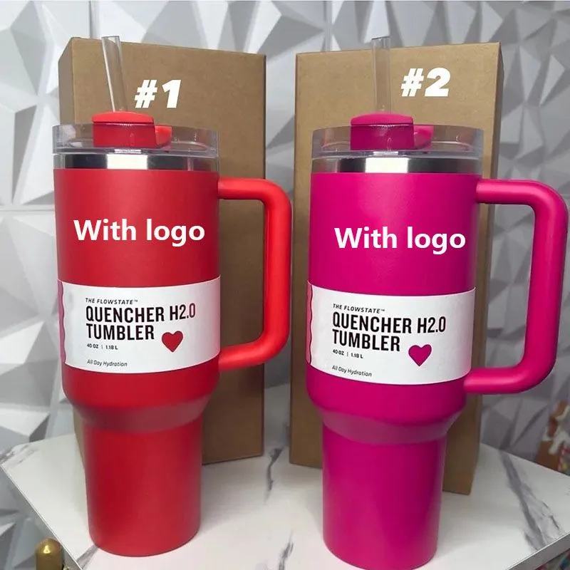 ABD Stok Pembe Geçit Töreni Cosmo Tumbler Sevgililer Günü Hediye Ortak Hediyeli H2.0 40oz Paslanmaz Çelik Tumbler Saplı Kapak ve Saman Seyahat Araba Kupaları Su Şişeleri