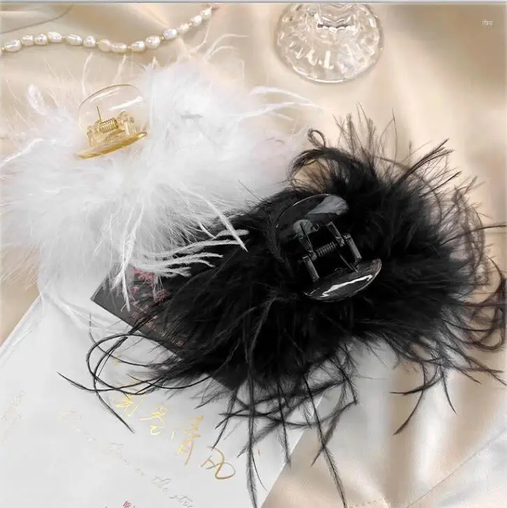 Grampos de cabelo elegante branco/preto pena garra para mulheres inverno grampos clipe pinos festa de fadas casamento grampos de cabelo