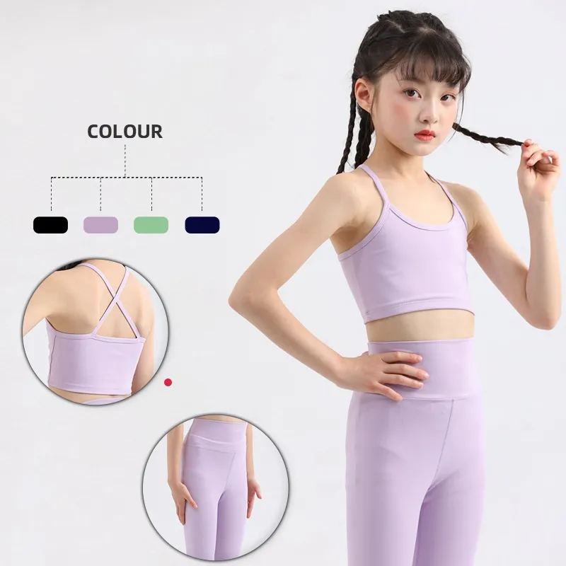 LU-1888 Children`s Yoga Suit Beautiful Back Strap Quick Drying Dance Yoga Outfit Training Fitness Wear Bra and Pants Set