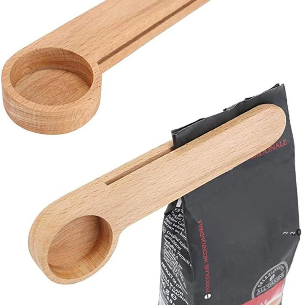 Design Wooden Coffee Scoop With Bag Clip Tablespoon Solid Beech Wood Measuring Tea Bean Spoons Clips Gift Whole EWF87243192768