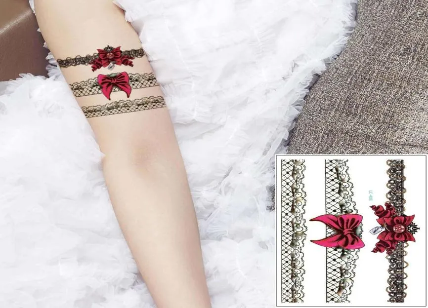 Sexy Lace Temporary Tattoo Sticker Gun Bow Tie Design Leg Wrist Stocking Body Art Decal Bracelet Jewelry Henna Cool Female Tattoo 1867993