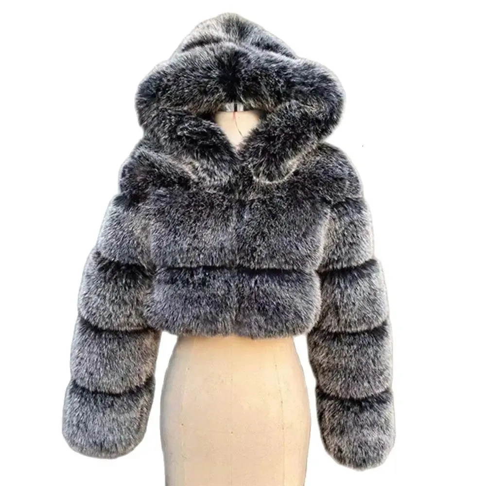 HJQJLJLS arrivée haute qualité femmes mignon veste de fourrure femme à manches longues moelleux court fausse fourrure manteau avec capuche manteau flou 240109