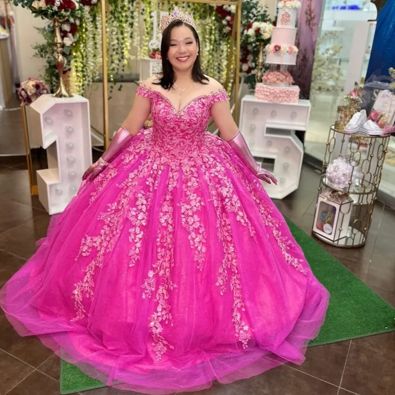 Розово-красное милое платье Quinceanera с блестящими кружевными аппликациями и бусинами Vestidos De 15 Anos Торжественное платье принцессы на день рождения