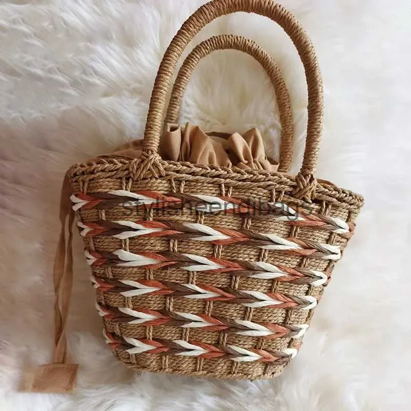 Totes Paper rope woven bamboo rattan handle handbag pure hand storage bag water bucket cabbage basketstylisheendibags