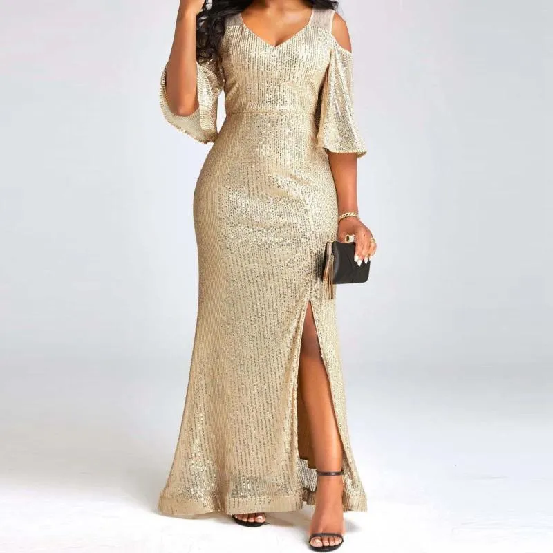 Swobodne sukienki eleganckie ramię dla kobiet jesienne zimowe złoto cekinowa cekinowa sukienka formalna wysoka szczelinowa solidna impreza maxi