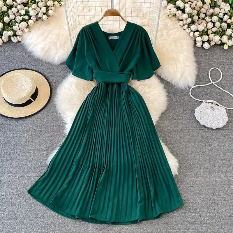 Casual Dresses Elegant Midi Retro Dress Solid Color V-hals snörning midja Slim Pleated Office Lady Vestidos de Mujer