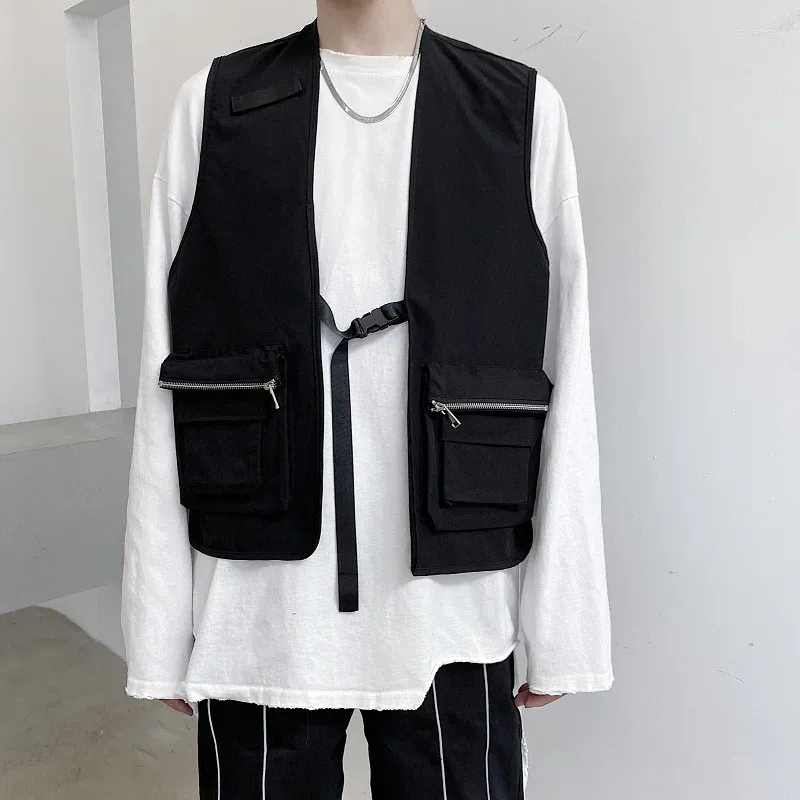 Men's Vests Street Hip Hop Punk Cargo Vest Techwear Style Adjustable Ribbon Buckle MultiFunction Big Pockets Waistcoat For Men Women