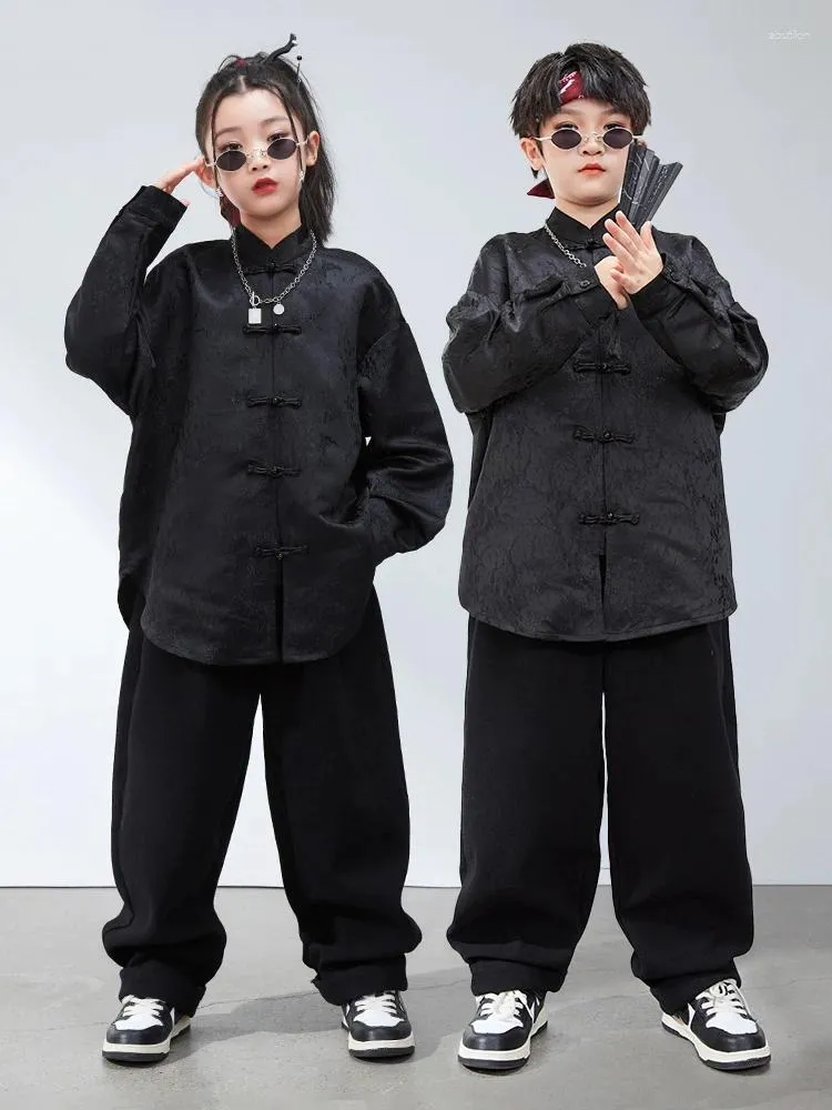 ステージウェア中国スタイルのジャズモダンダンスコスチュームキッズブラックヒップホップスーツの女の子の男の子ヒップホップパフォーマンス服DQS15192