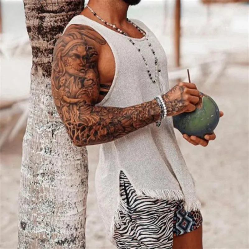 Men's Tank Tops Vintage Ripped Solid Knitted Men Summer Slit Design Vest Shirt Sleeveless Loose Pullover Gym Clothing T-shirts