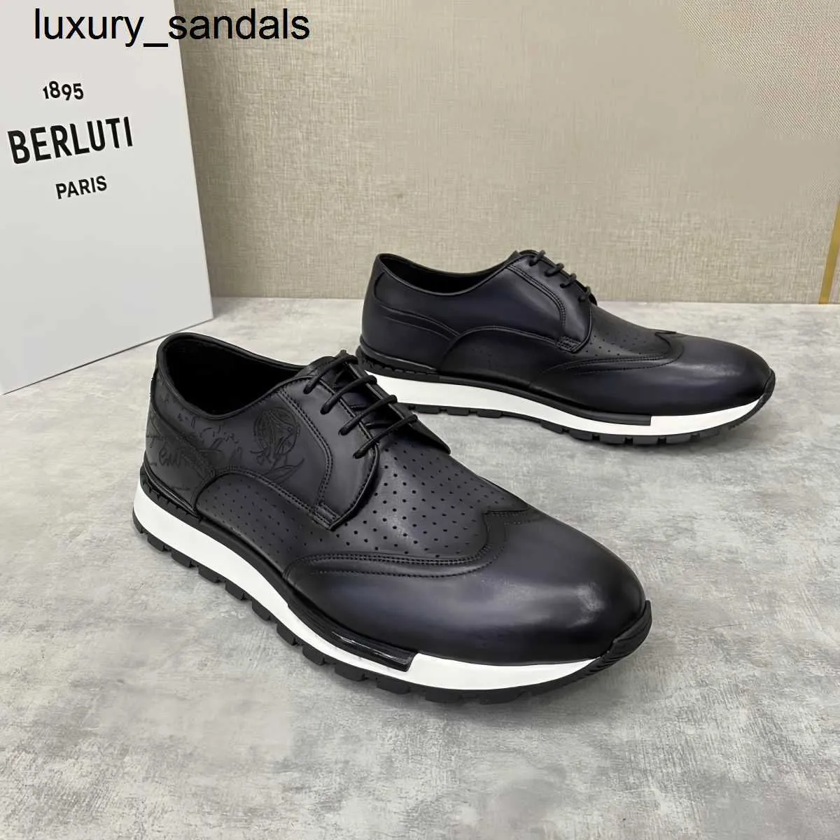 Berluti Business Leather Shoes Oxford Calfskin Handmade Top Quality Berlut's brushed color punched breathable sports fashionable carved up casualwq