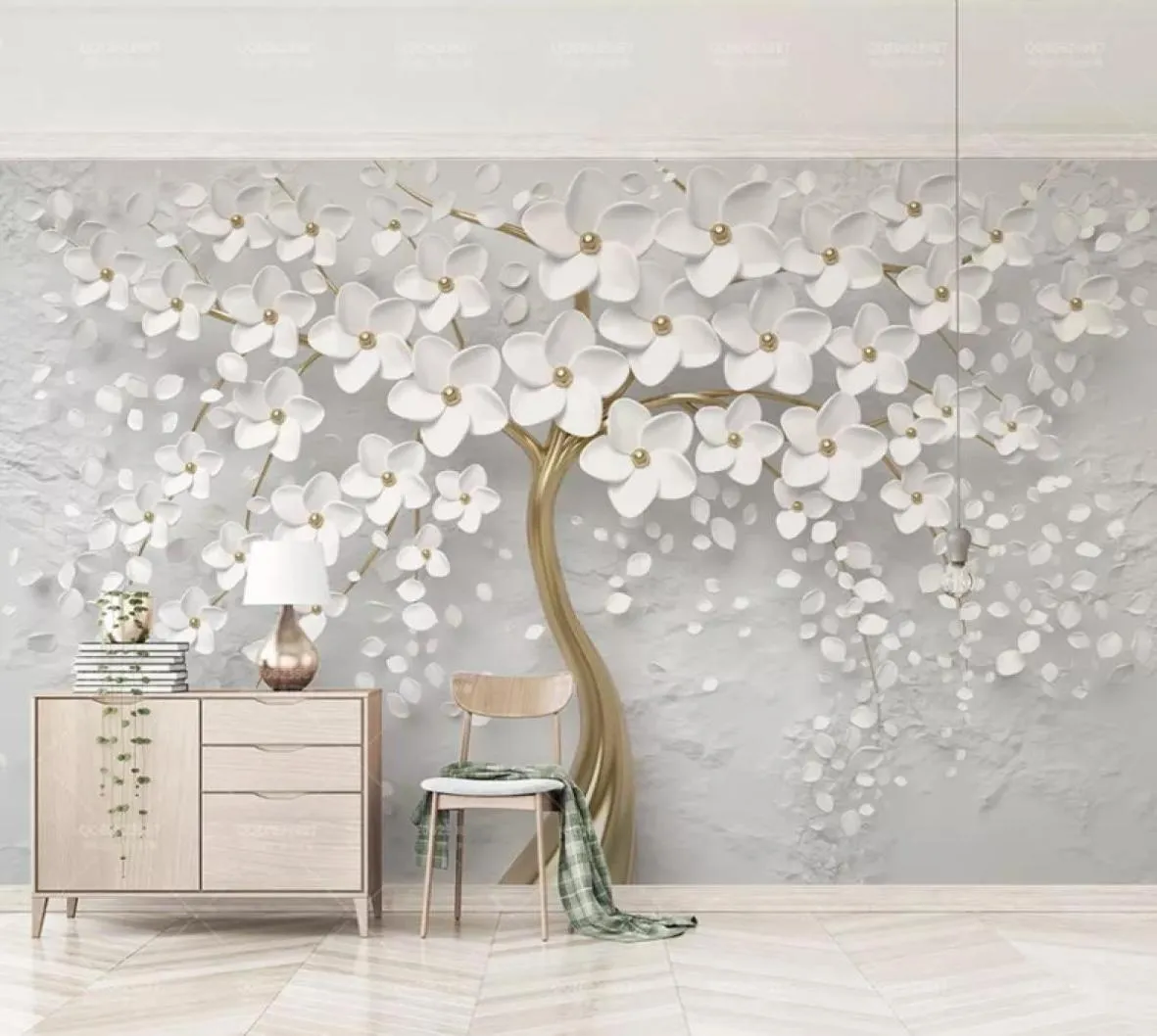 Papier peint élégant à fleurs blanches, bijoux de luxe, peinture murale personnalisée en 3D, pour salle de mariage, fond de télévision, plafond, chambre à coucher, li4541179