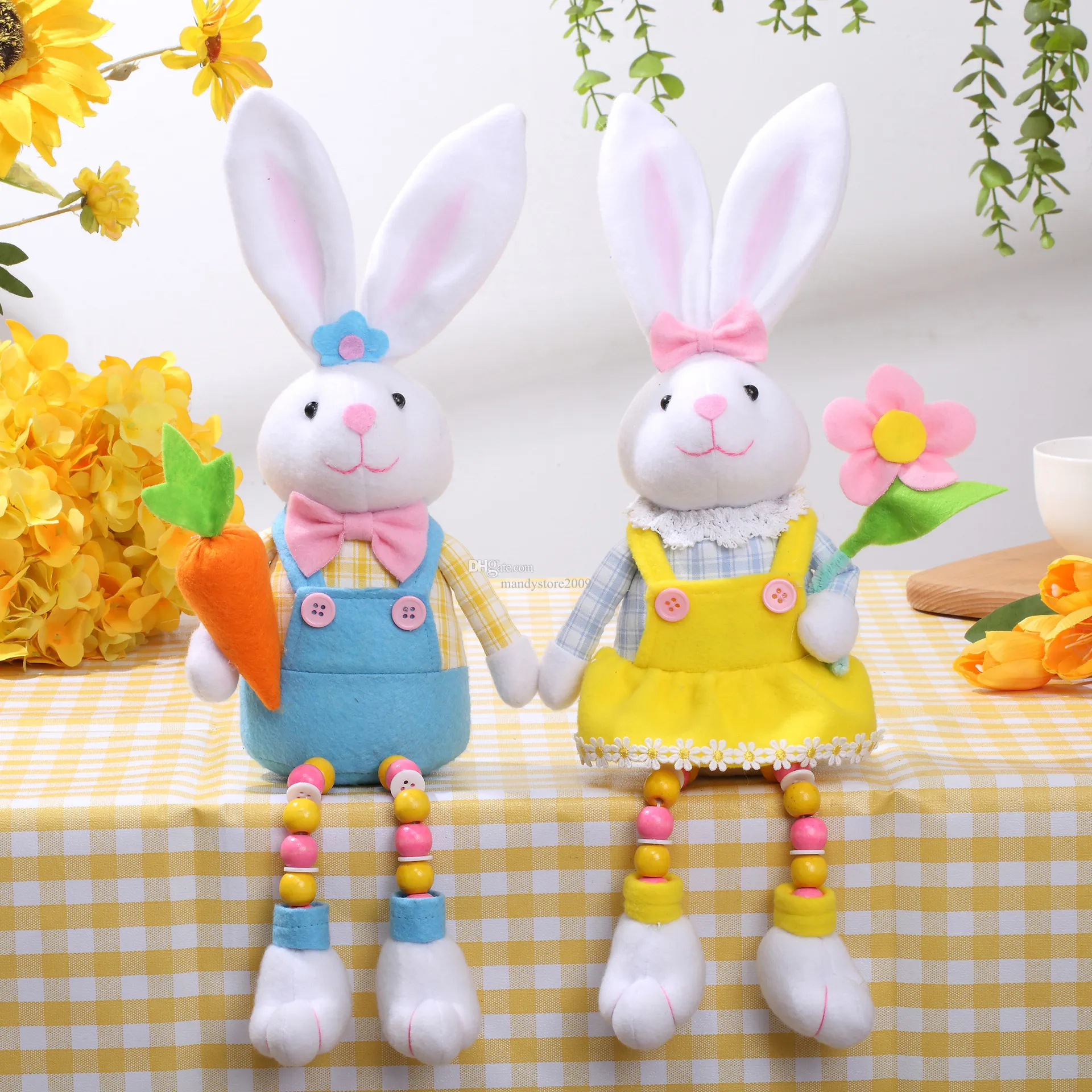 Décoration de Pâques Lapin En Vêtements Habillé Poupée De Lapin Avec Fleur Et Carotte Perles Colorées Jambe Printemps Jardin Figure Décoration Décoration De La Maison En Gros