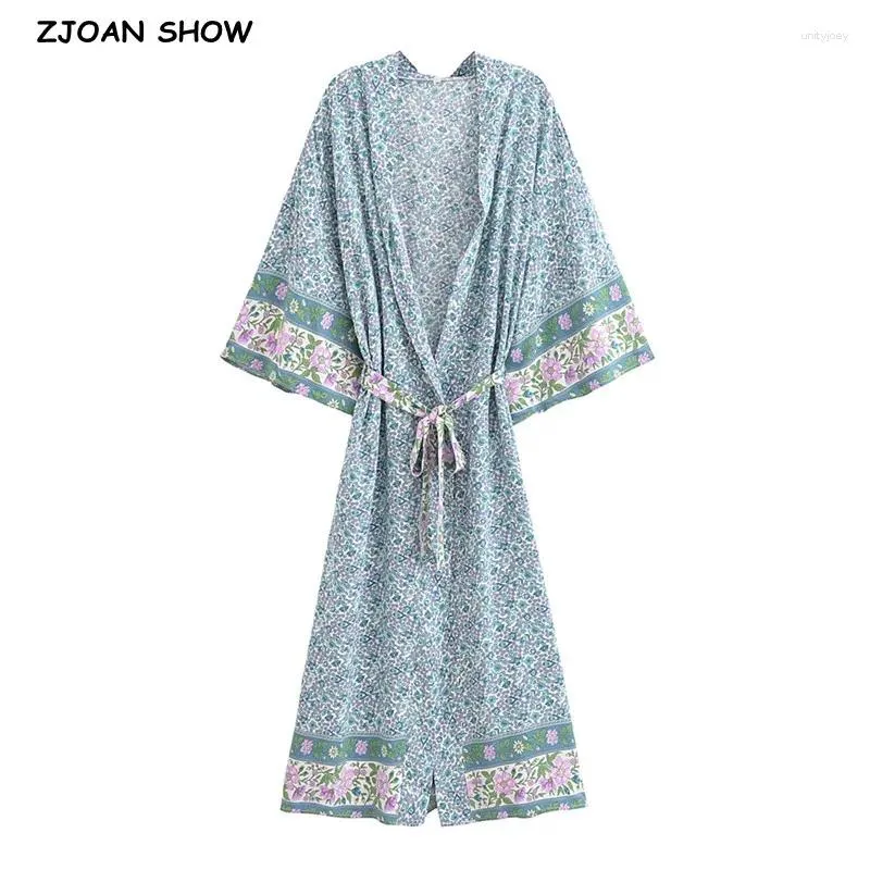 Costume da bagno da donna 2024 BOHO Ciano Stampa floreale a contrasto di colore Camicia lunga a kimono Etnico Cravatta a maniche lunghe Cravatta con fiocco Cardigan per le vacanze Mantella allentata