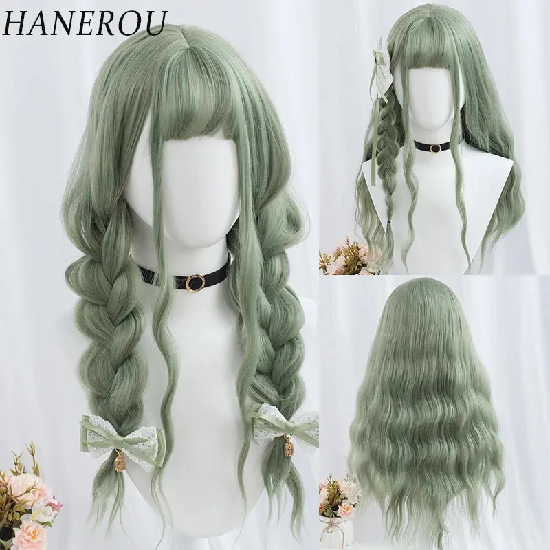 Hanerou Womens Synthetic Lolita Wig Long Purple Blue Greeen Cosplay Hair with Bangs High Temperture Headgear 240110