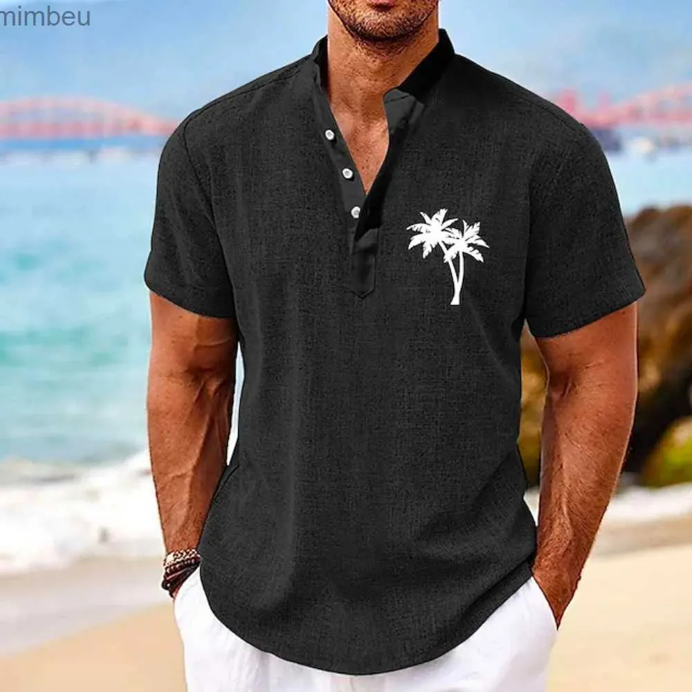 남성 티셔츠 남성을위한 새로운 Haiian 셔츠 여름 의류 짧은 소매 탑 3D 코코넛 트리 프린트 휴가 의류 대형 남성 Henley Shirtl240110