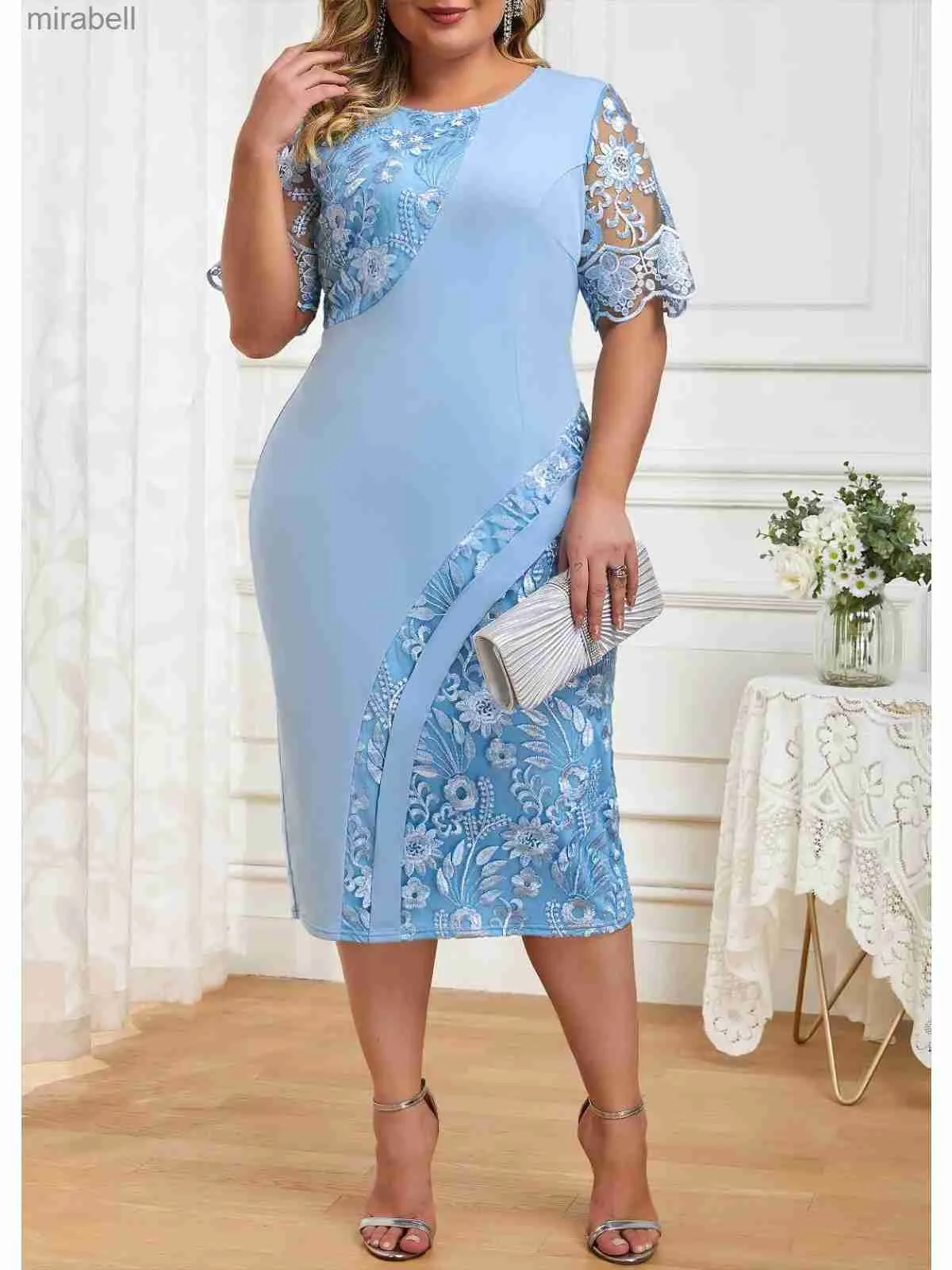 Abiti casual di base Taglie forti Abito da festa Donna 2023 Estate Manica corta Ricamo Patchwork floreale Elegante Matita aderente per Ospiti di nozze YQ240110