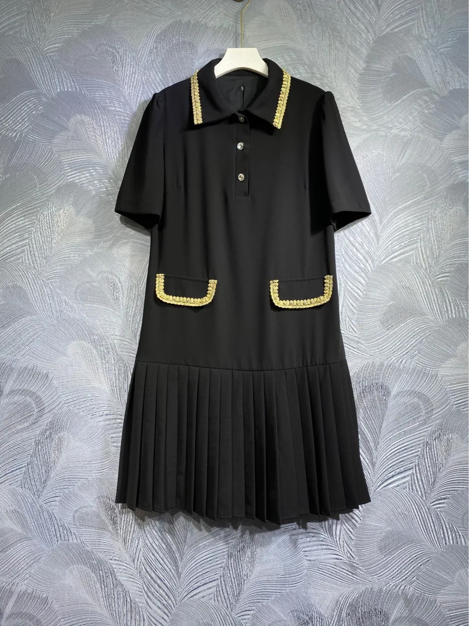 2024 Spring Pure Color Panelled Double Pockets Dress Black Short Sleeve Lapel Neck Knee-Length Casual Dresses T3J091516