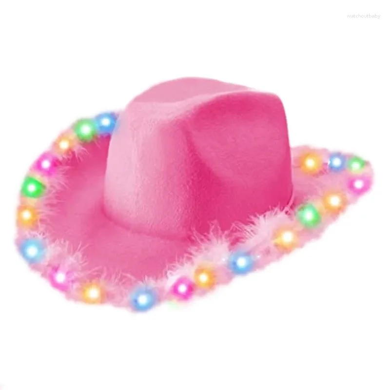 Berets Pink Cowboy Hat Western Wide Brim Women LED Cowgirl Cosplay Party Costume Fedora Caps Head Accessory