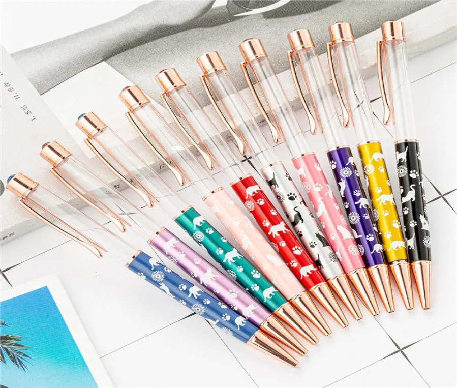 20 Color Cartoon DIY Empty Tube Metal Ballpoint Pens Student Writing Gift Selffilling Floating Glitter Crystal Pen New Design1827420