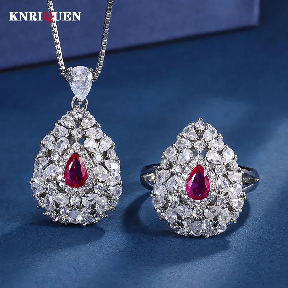 Sets Luxury 4*6mm Water Drop Ruby Pendant Necklace Rings for Women Full Lab Diamond Gemstone Wedding Party Jewelry Sets Female Gift