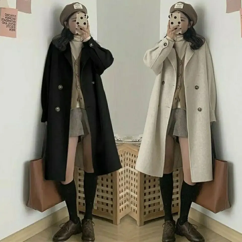 Elegante casaco de lã de inverno de comprimento médio único breasted quente solto lã windbreakers jaqueta casaco para mulher casaco casual 240109