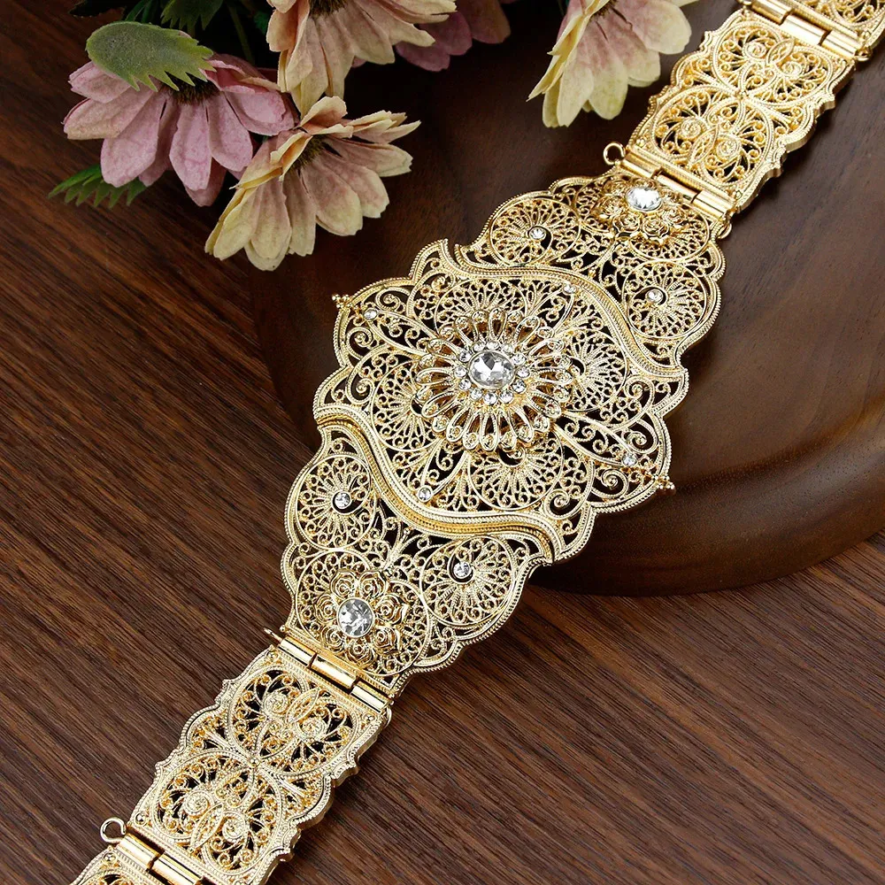 Sunspicems Elegent Marokko Caftan Riem Voor Vrouwen Kaukasus Bruid Bruiloft Sieraden Turkije Kristal Gewaad Taille Ketting Riem Goud Kleur 240110