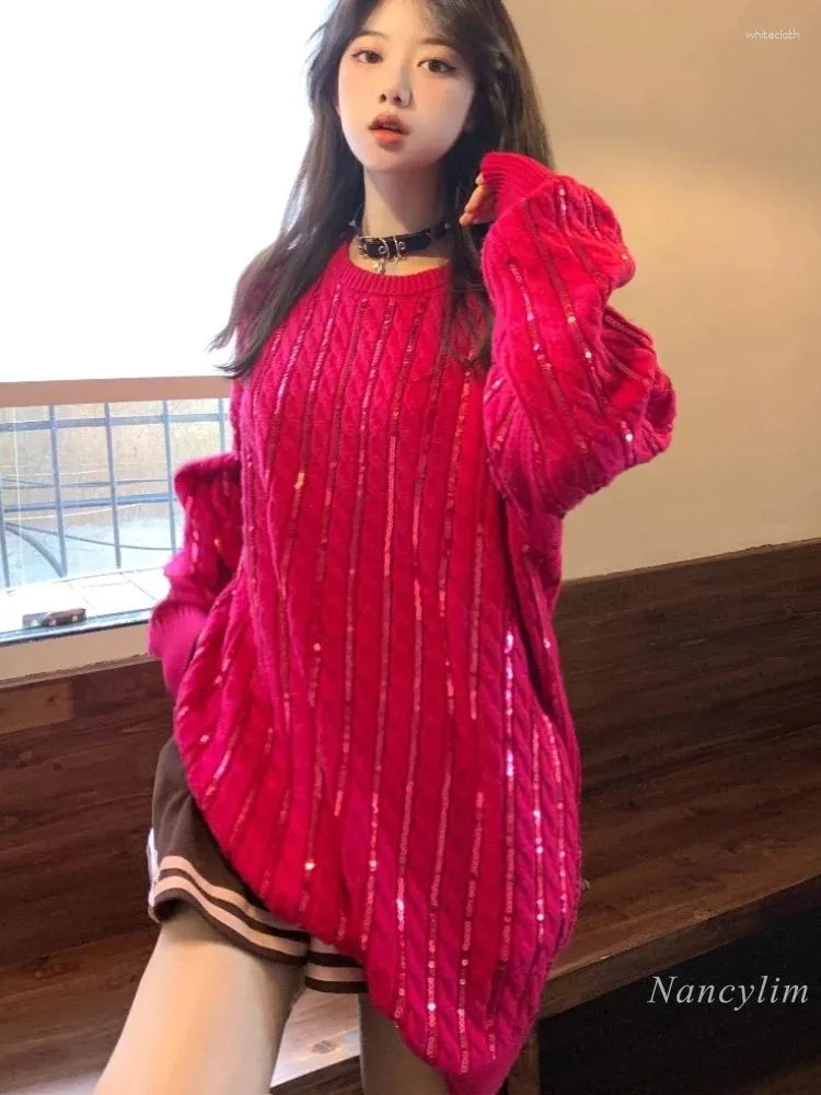 Kadın Sweaters Boşta Stili Gül Kırmızı Twists Desen Kazak Kadın Sarhoş Yuvarlak Boyun Orta Uzunlukta Bayanlar Gevşek Moda Örgü Üst Jumper