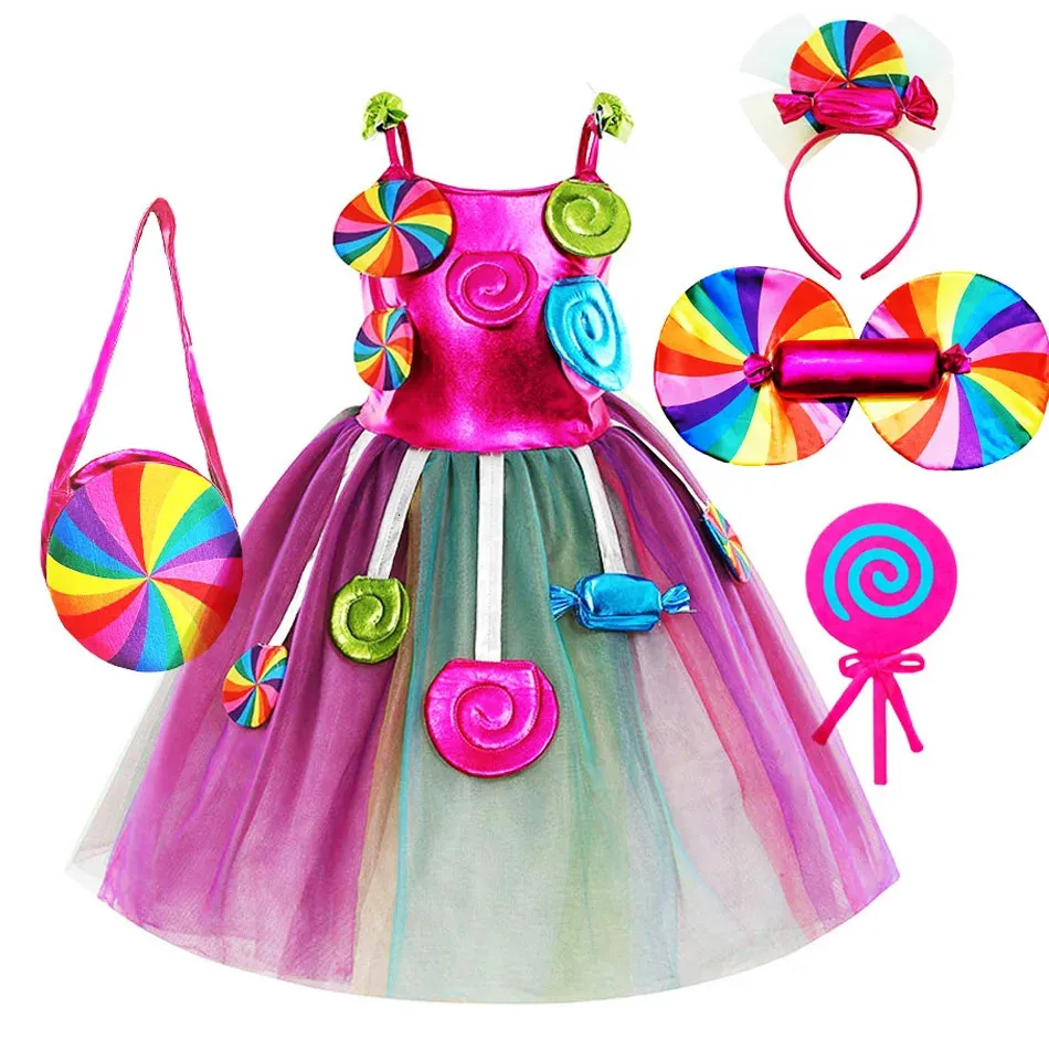 Arcobaleno Caramella Vestito Da Principessa Ragazze Palla Lecca-lecca Purim Costume per Bambini con Fascia Vacanza Festa di Compleanno Vestiti Abiti 240109