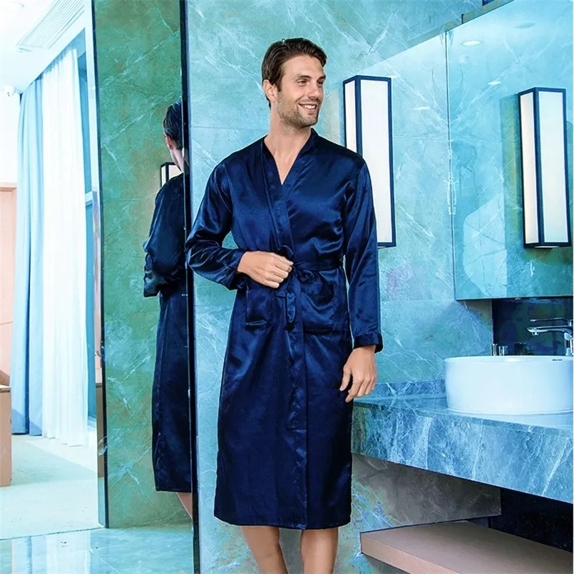 Marineblauwe heren kimono badjas kunstzijde badjurk badjas nachtjapon met lange mouwen homewear nachtkleding hombre pijama maat S-XXXL 240109