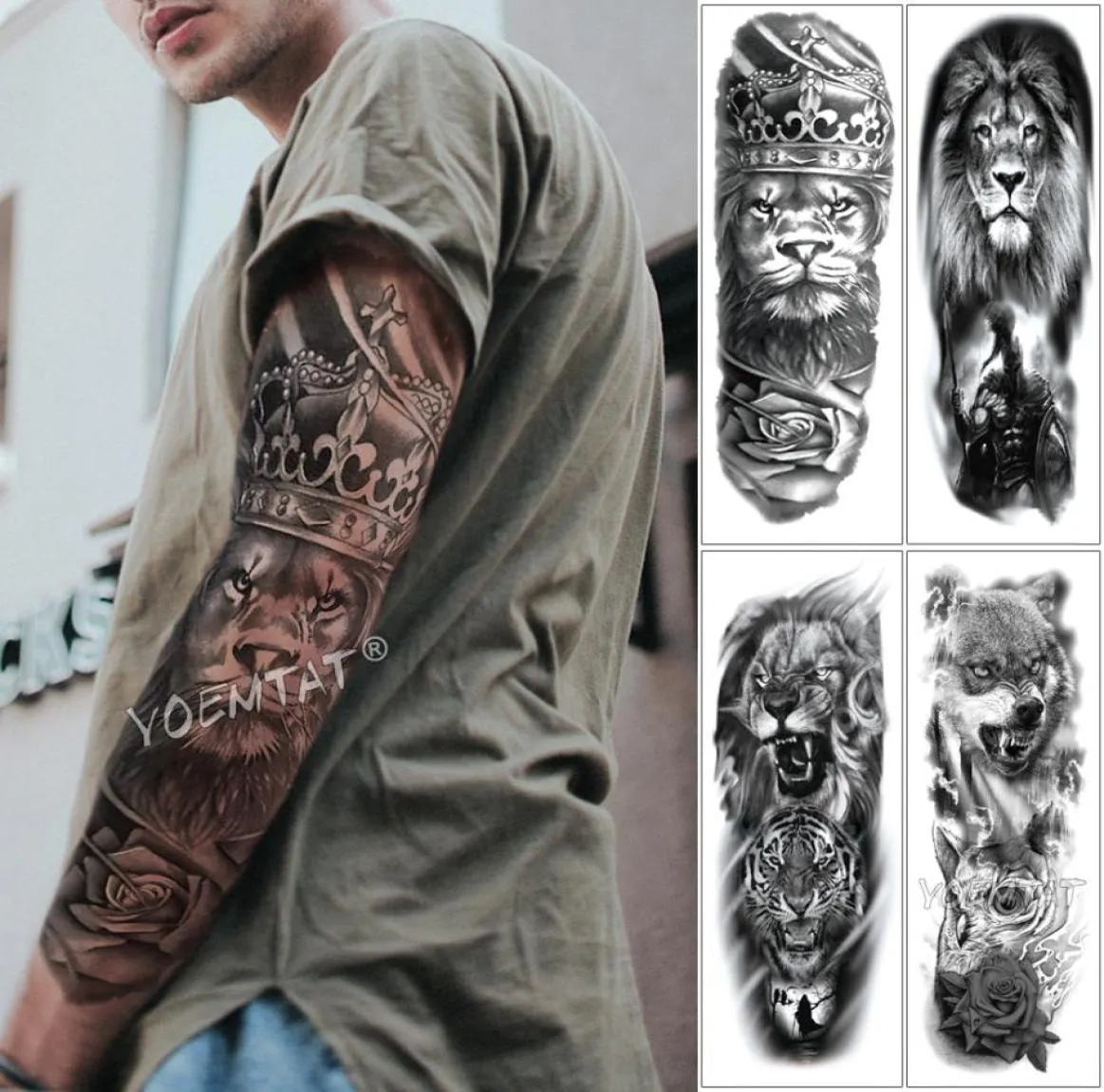 Grote Arm Mouw Tattoo Lion Crown King Rose Waterdichte Tijdelijke Tatoo Sticker Wilde Wolf Tijger Mannen Volledige Schedel Totem Tatto T1907118180212