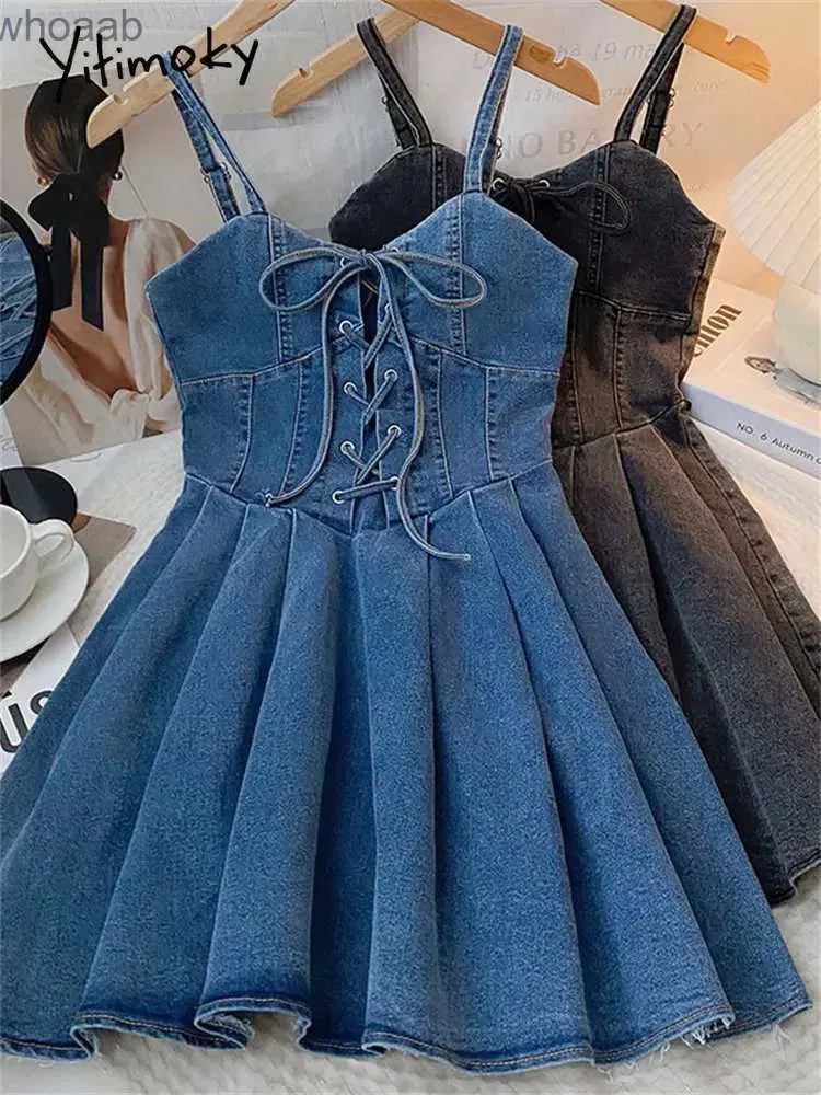 Temel Sıradan Elbiseler Yitimoky Jeans Camis Elbise Kadınlar İçin 2023 Yeni Yaz Backless Bandage Pileli Mini Elbiseler Vintage Moda Bir Çizgi Elbise YQ240110