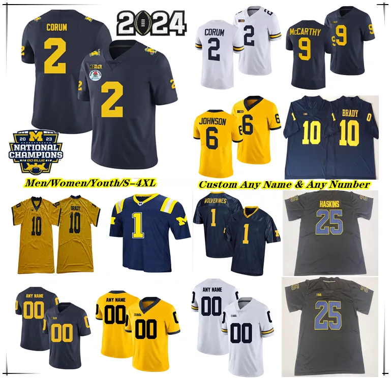 Michigan Wolverines College voetbalshirt J.J. McCarthy Blake Corum Donovan Edwards Cornelius Johnson Roman Wilson Jaylen Harrell Michael Barrett Kris Jenkins 4X