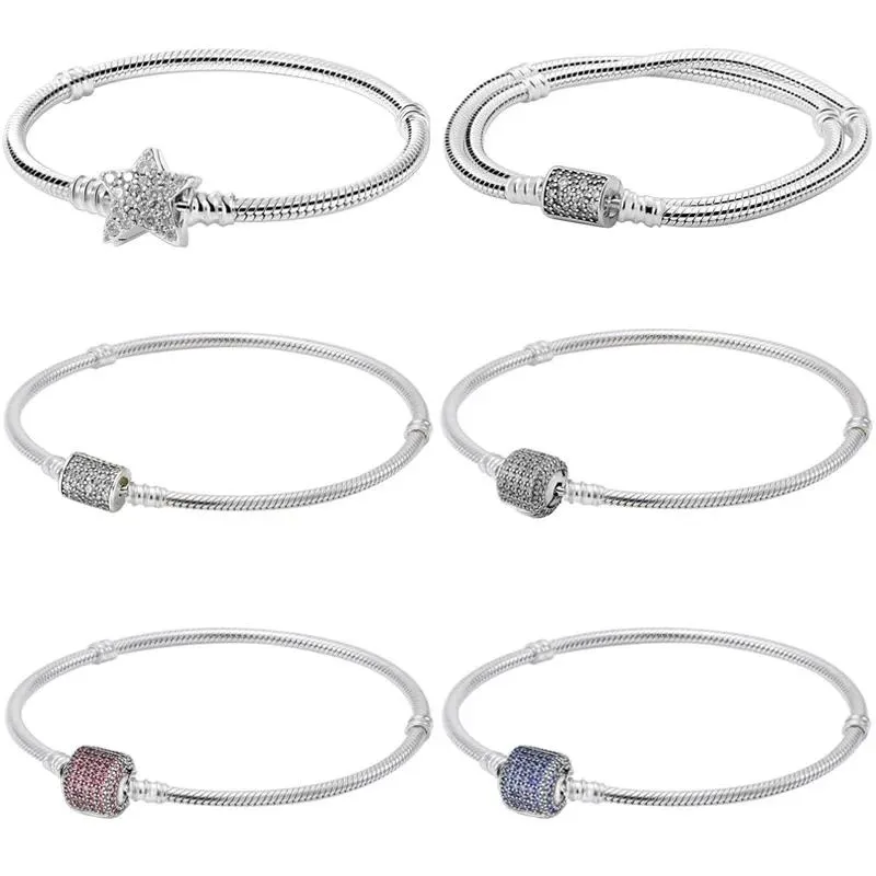 Bangles Original 925 Sterling Silver Sparkling Barrel Asymmetric Star Clasp Snake Chain Bracelet For Popular Bangle Bead Charm Jewelry