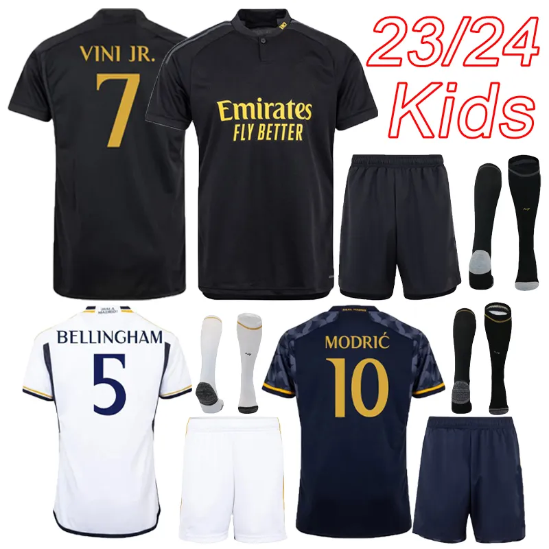 Real Madrid Futbol Formaları 2023 Evden uzakta Çocuk Futbol Jersey Kitleri 23 24 Bellingham Vini Jr. Erkek Üçüncü Gömlek Kiti + SOCKS 2024 Camiseta Futbol Real Madrid Maillot Ayak