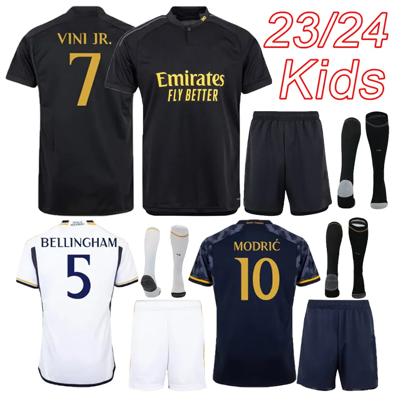 Real Madrid Fußballtrikots 2023 Heim-Auswärts-Kinder-Fußballtrikot-Kits 23 24 BELLINGHAM VINI JR. Ausweichtrikot für Jungen + Socken 2024 Camiseta Futbol Real Madrid Maillot Foot