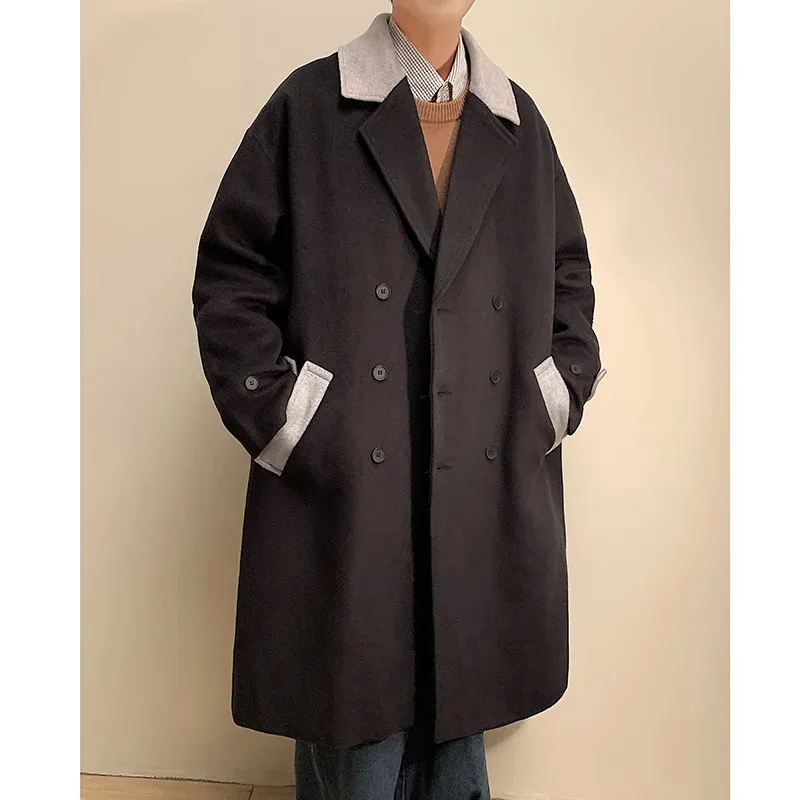 Fashion Patchwork Color Woolen Trench Coats Men's Loose Double-breasted Clothing Casual Overcoats Long Jackets Men Outerwear 240109