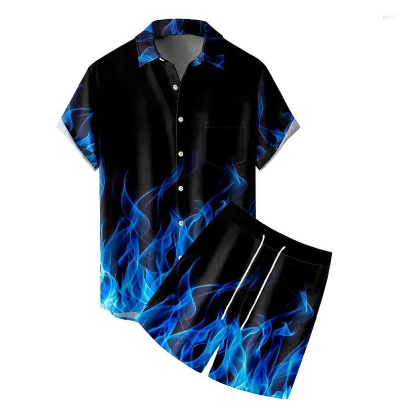 Men's Casual Shirts Summer T-Shirts Flame Pattern Hawaiian Shirt Set For Men/Women Button Beach Short Sleeve Oversized