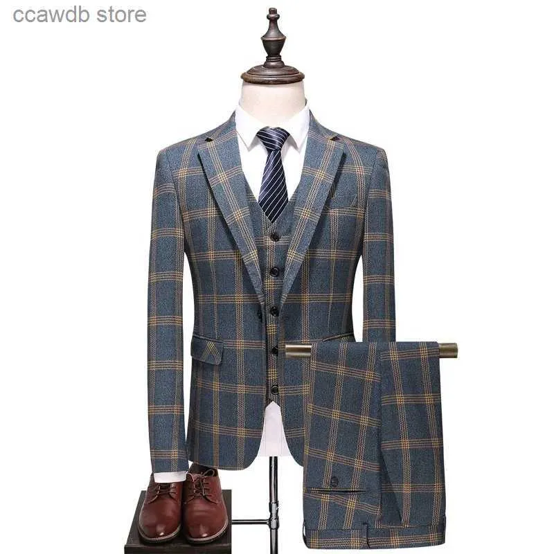 Herrdräkter Blazers 2023men's Plaid Three-Piece Suit Set With Jacket Pants and Vest-Business dyre Formal Wear Weddings Stylish High-kvalitet T240110